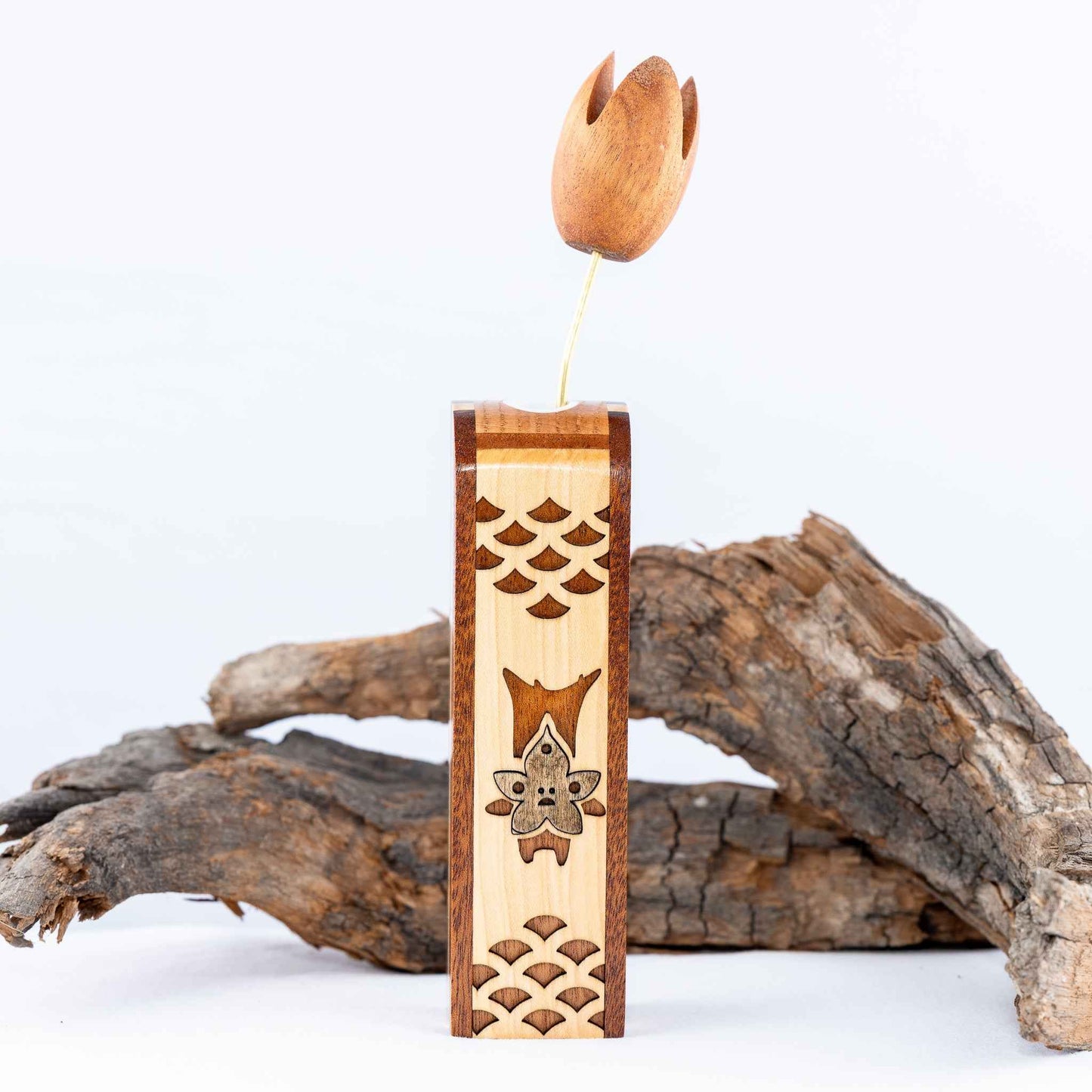 Handmade Wood Zelda Korok Bud Vase with Handmade Wooden Flower