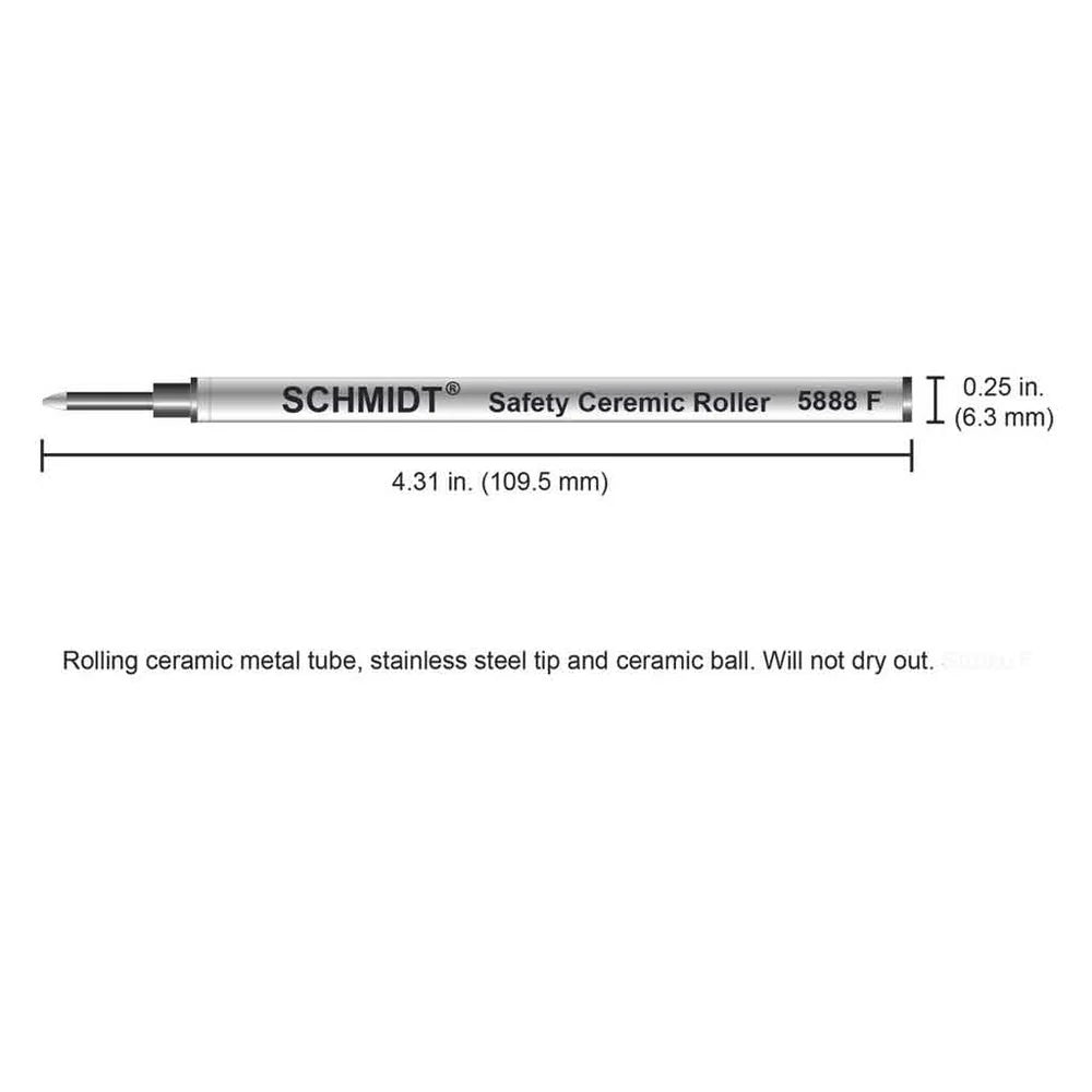 The dimensions for a black Schmidt 5888 ceramic rollerball pen ink refill.