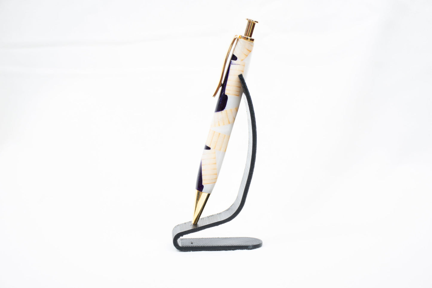 handmade pine wood and purple and white resin click pen with gold plating