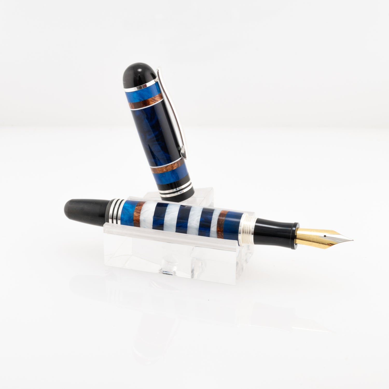 Blue and white striped resin fountain pen