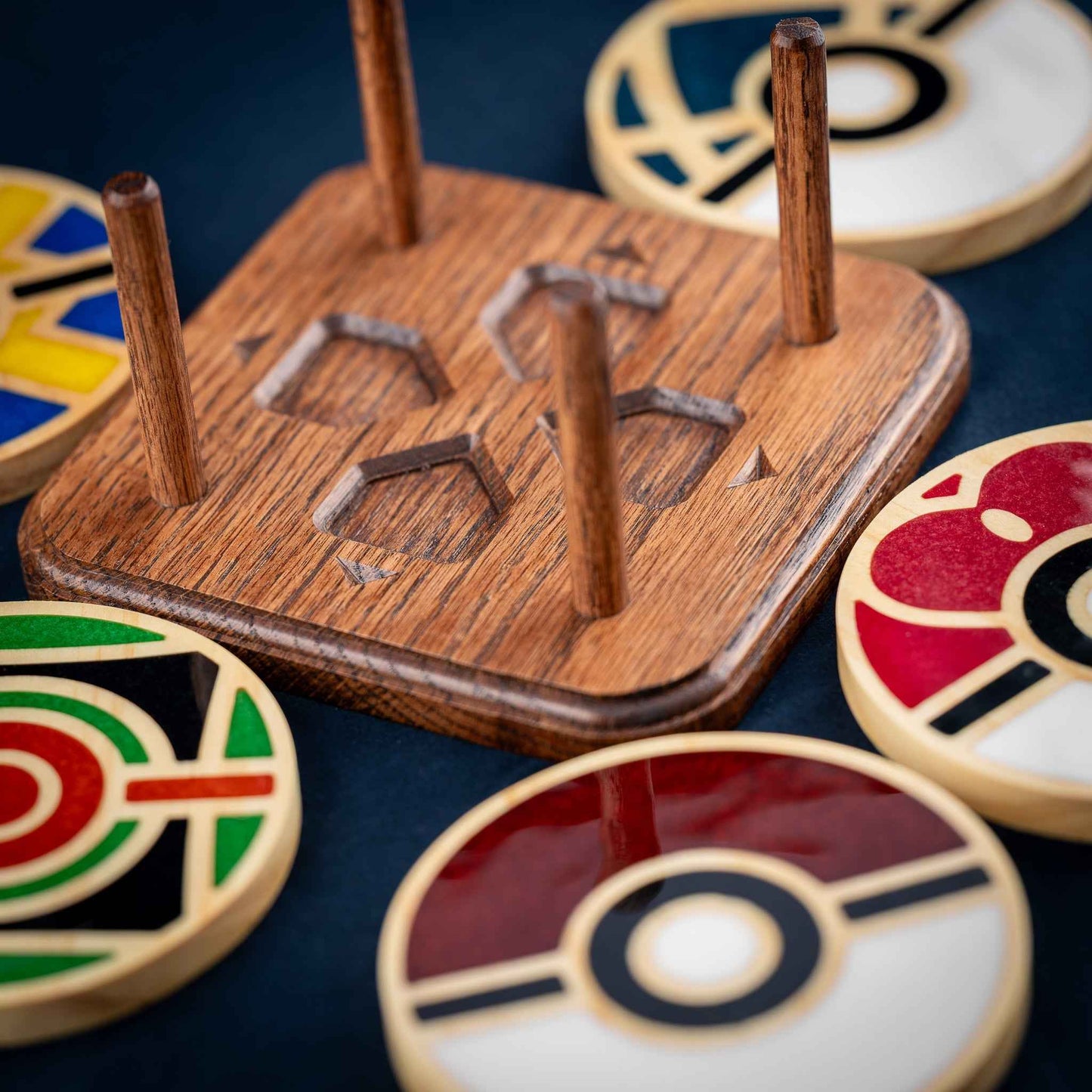 Handmade Carved Pokémon Pokéball Wood and Resin Coasters with Stand: Poké Ball, Dusk Ball, Quick Ball, Love Ball, and Net Ball