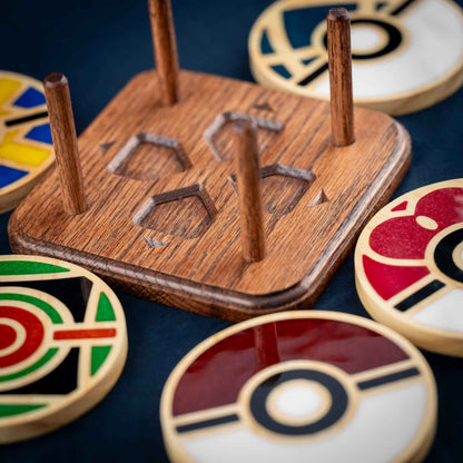 Handmade Carved Pokémon Pokéball Wood and Resin Coasters with Stand: Poké Ball, Dusk Ball, Quick Ball, Love Ball, and Net Ball