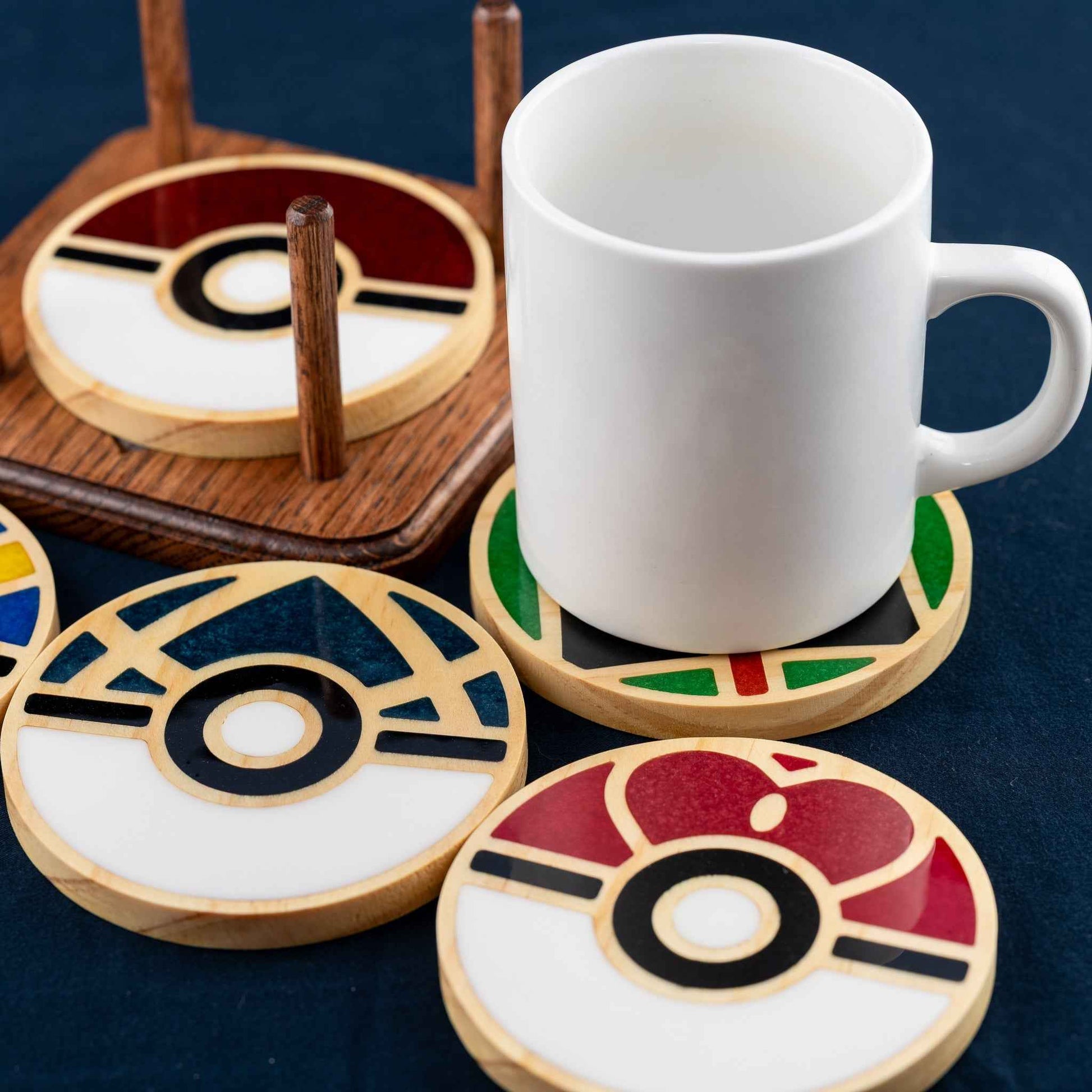 Handmade Carved Pokémon Pokéball Wood and Resin Coasters with Stand: Poké Ball, Dusk Ball, Quick Ball, Love Ball, and Net Ball