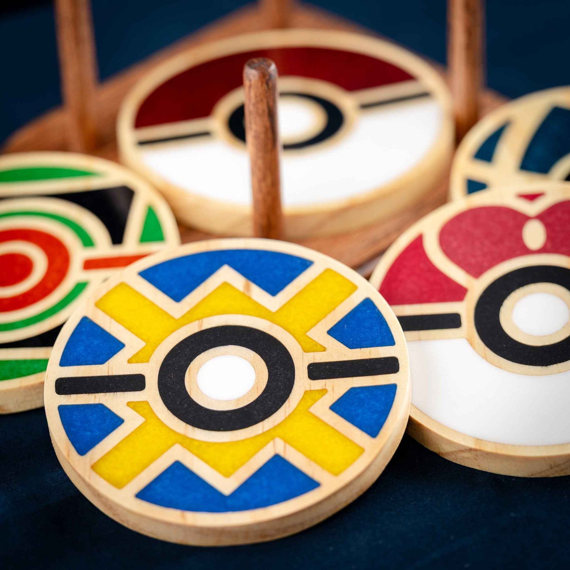 Handmade Carved Pokémon Pokéball Wood and Resin Coasters with Stand: Poké Ball, Dusk Ball, Quick Ball, Love Ball, and Net Ball