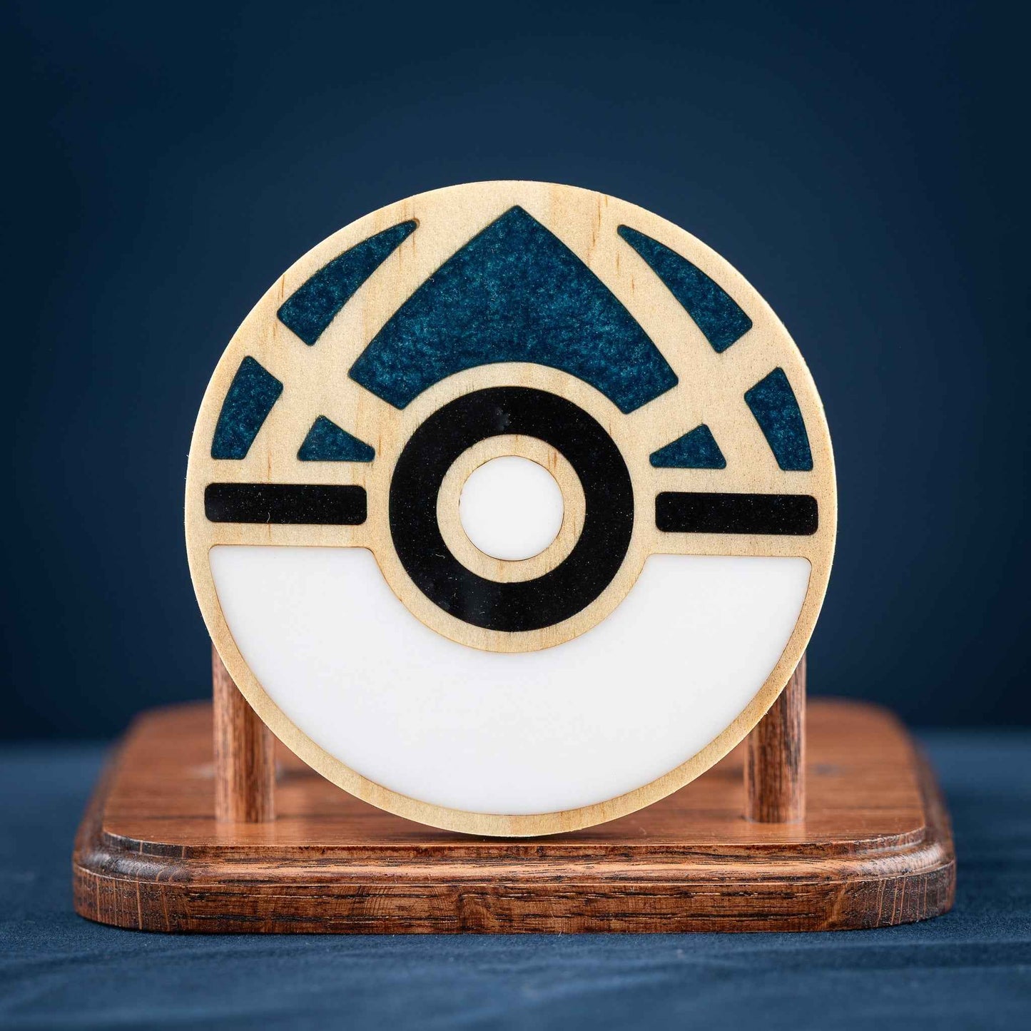 Handmade Carved Pokémon Pokéball Wood and Resin Coasters with Stand: Poké Ball, Dusk Ball, Quick Ball, Love Ball, and Net Ball