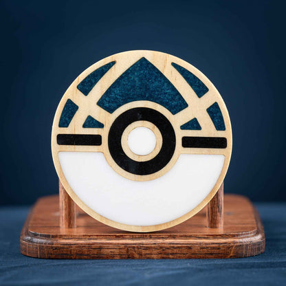 Handmade Carved Pokémon Pokéball Wood and Resin Coasters with Stand: Poké Ball, Dusk Ball, Quick Ball, Love Ball, and Net Ball
