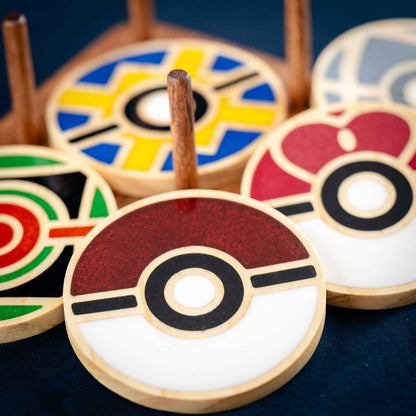 Handmade Carved Pokémon Pokéball Wood and Resin Coasters with Stand: Poké Ball, Dusk Ball, Quick Ball, Love Ball, and Net Ball
