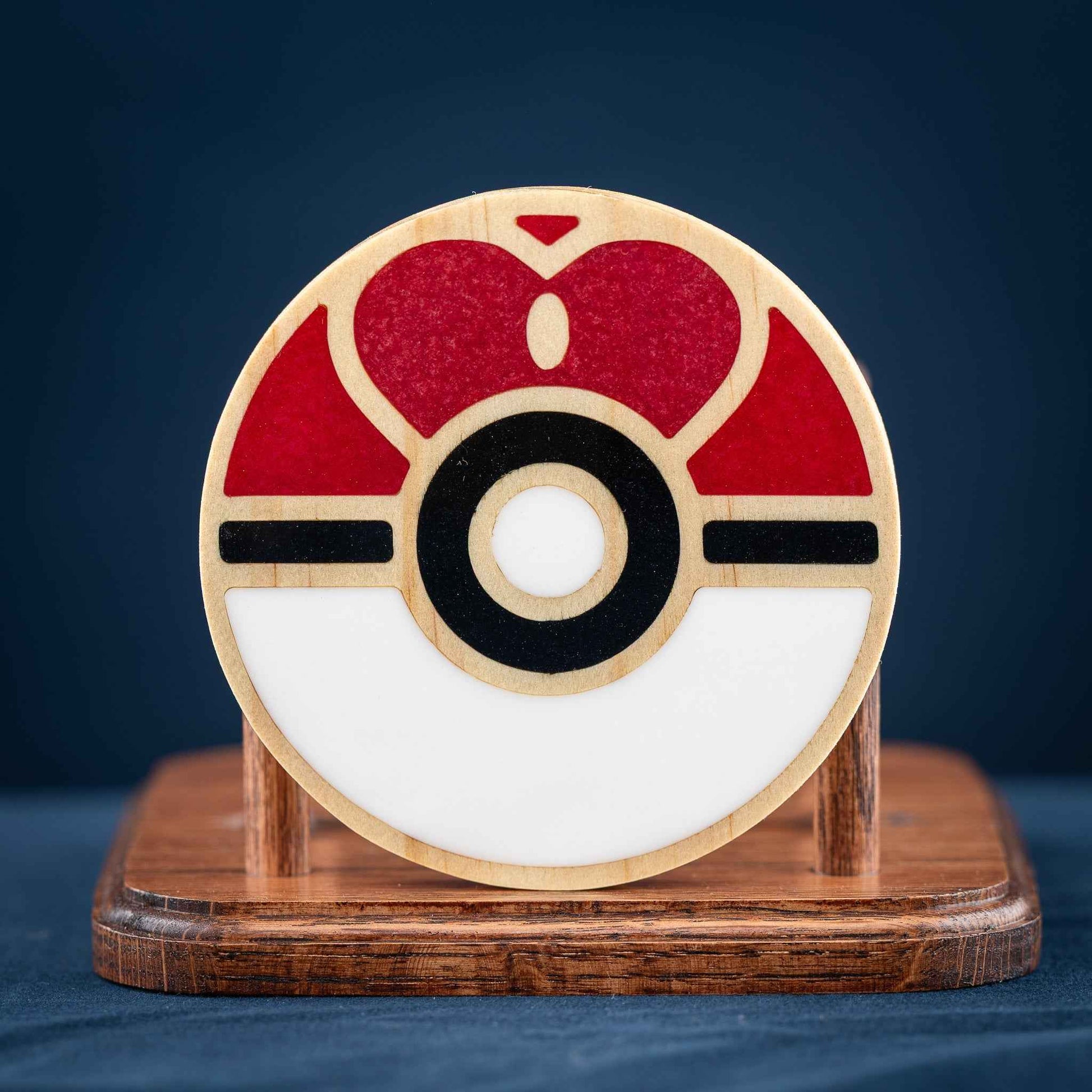 Handmade Carved Pokémon Pokéball Wood and Resin Coasters with Stand: Poké Ball, Dusk Ball, Quick Ball, Love Ball, and Net Ball
