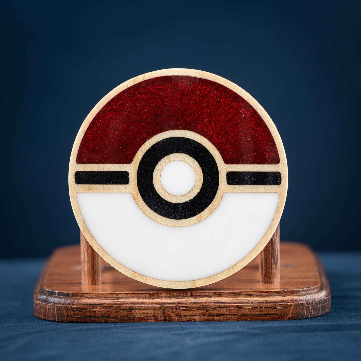 Handmade Carved Pokémon Pokéball Wood and Resin Coasters with Stand: Poké Ball, Dusk Ball, Quick Ball, Love Ball, and Net Ball