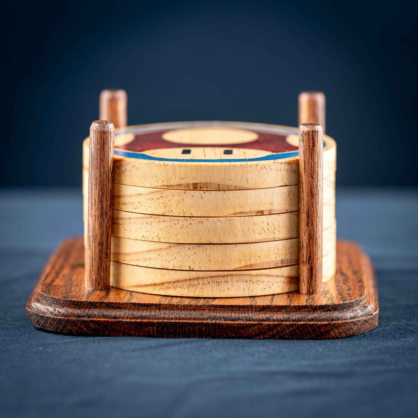 Handmade Carved Wood Mario Mushroom Coasters with Stand: Red, Green, Purple, Gold, and Blue Mushrooms