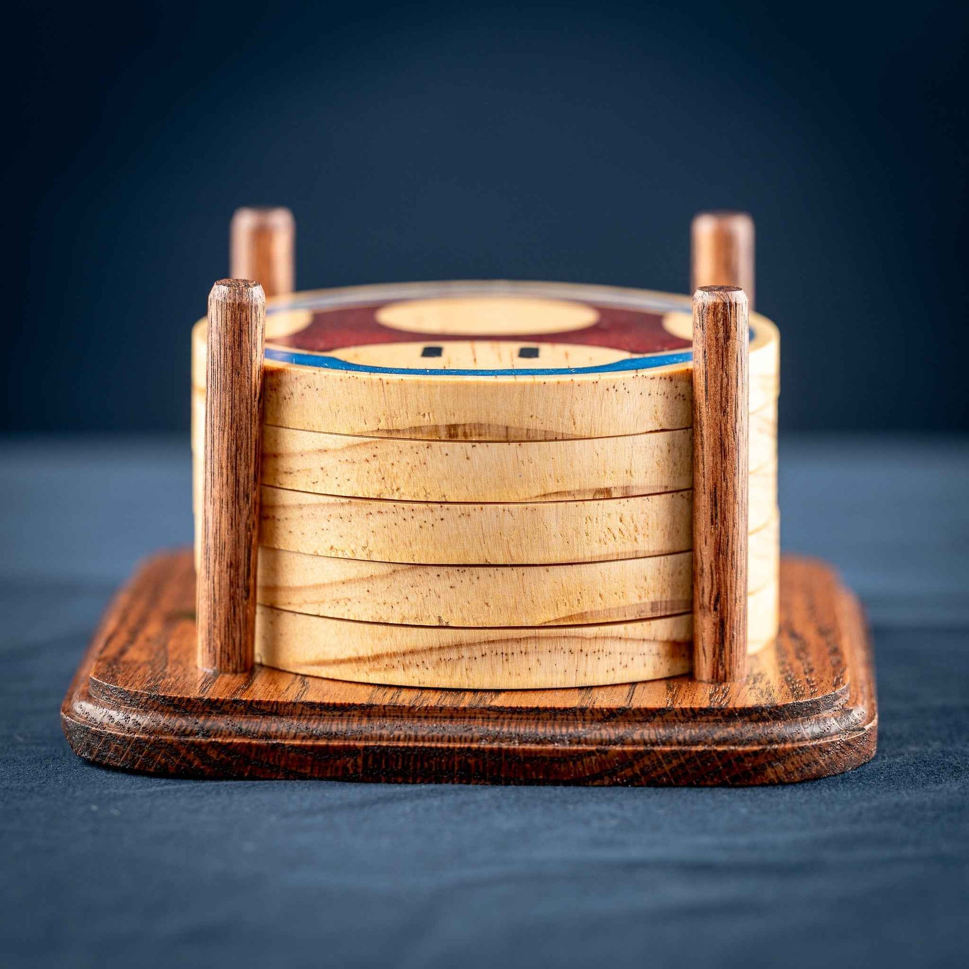 Handmade Carved Wood Mario Mushroom Coasters with Stand: Red, Green, Purple, Gold, and Blue Mushrooms