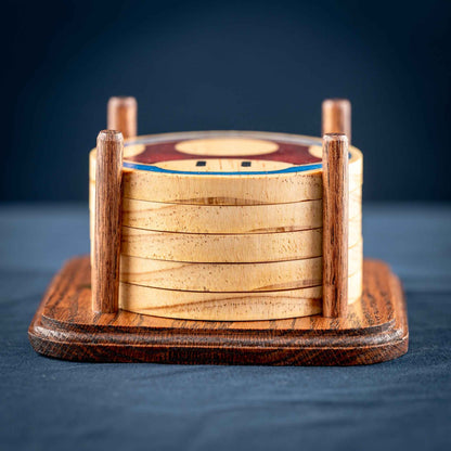 Handmade Carved Wood Mario Mushroom Coasters with Stand: Red, Green, Purple, Gold, and Blue Mushrooms