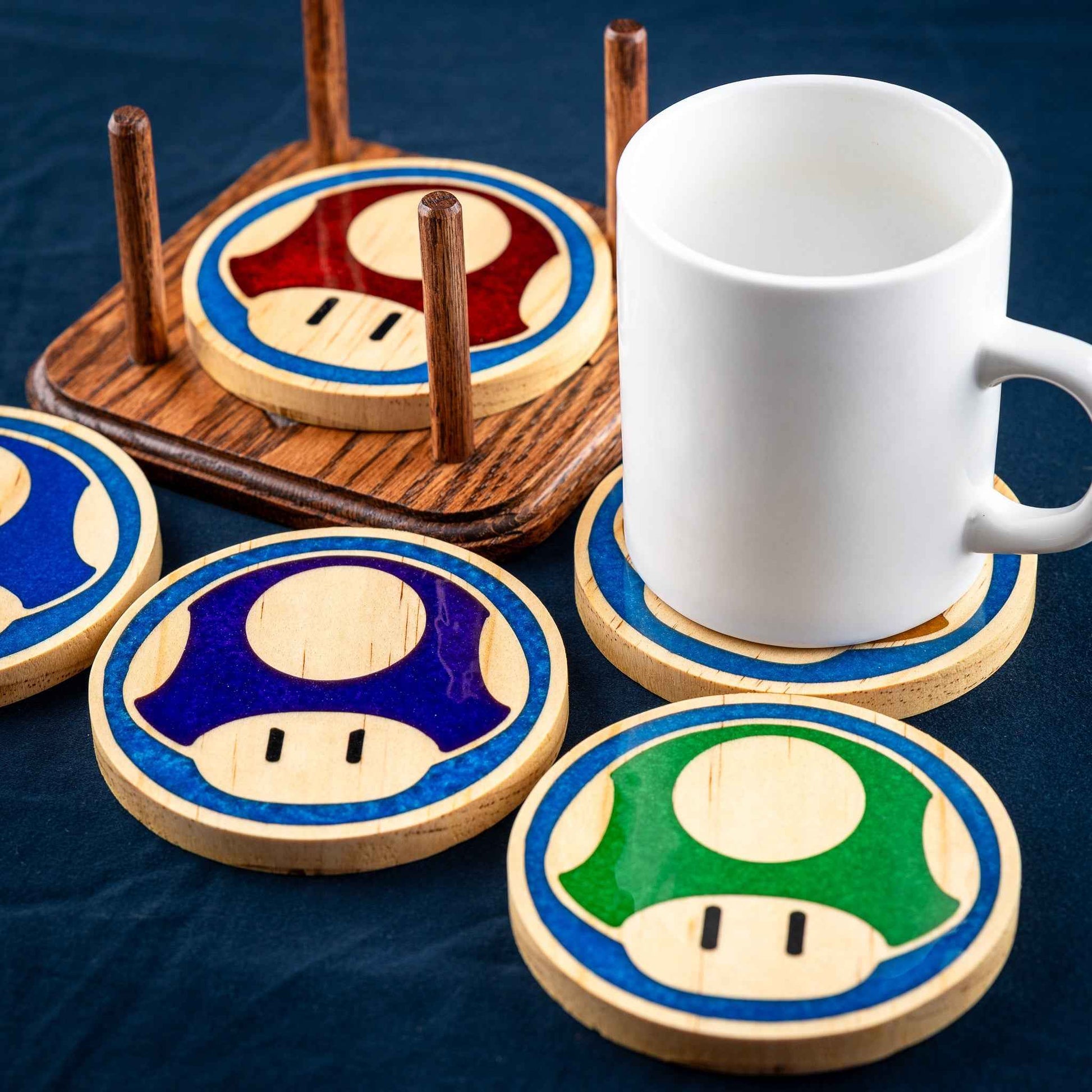 Handmade Carved Wood Mario Mushroom Coasters with Stand: Red, Green, Purple, Gold, and Blue Mushrooms