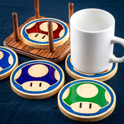 Handmade Carved Wood Mario Mushroom Coasters with Stand: Red, Green, Purple, Gold, and Blue Mushrooms