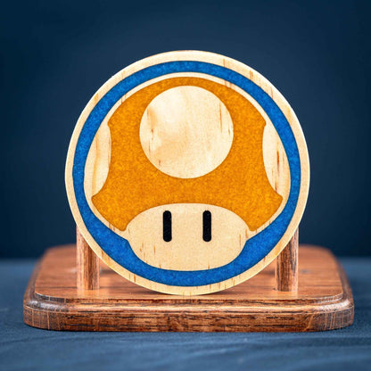 Handmade Carved Wood Mario Mushroom Coasters with Stand: Red, Green, Purple, Gold, and Blue Mushrooms