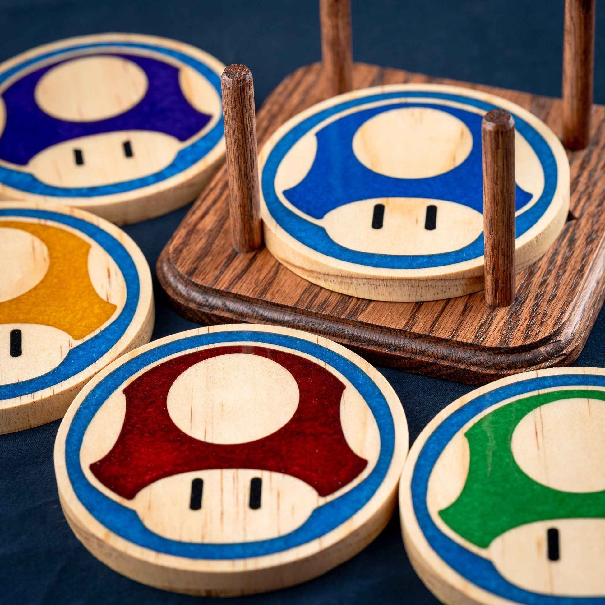 Handmade Carved Wood Mario Mushroom Coasters with Stand: Red, Green, Purple, Gold, and Blue Mushrooms