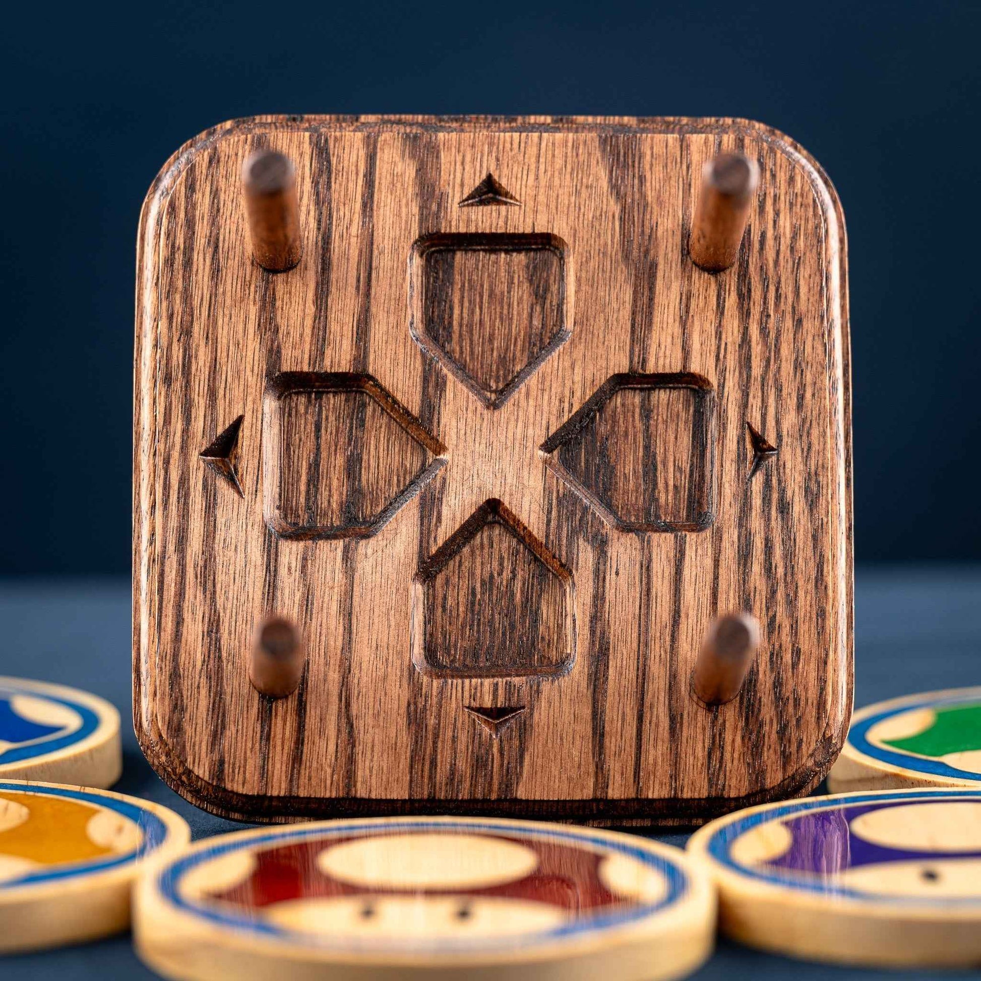 Handmade Carved Wood Mario Mushroom Coasters with Stand: Red, Green, Purple, Gold, and Blue Mushrooms