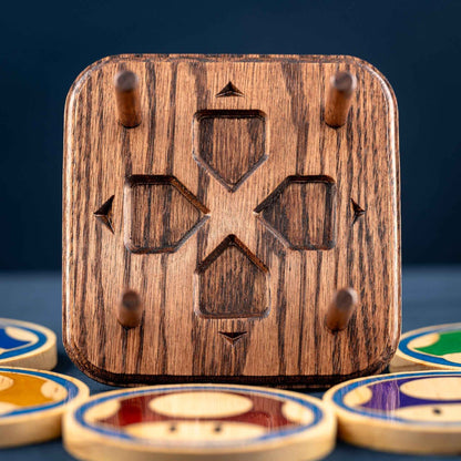 Handmade Carved Wood Mario Mushroom Coasters with Stand: Red, Green, Purple, Gold, and Blue Mushrooms