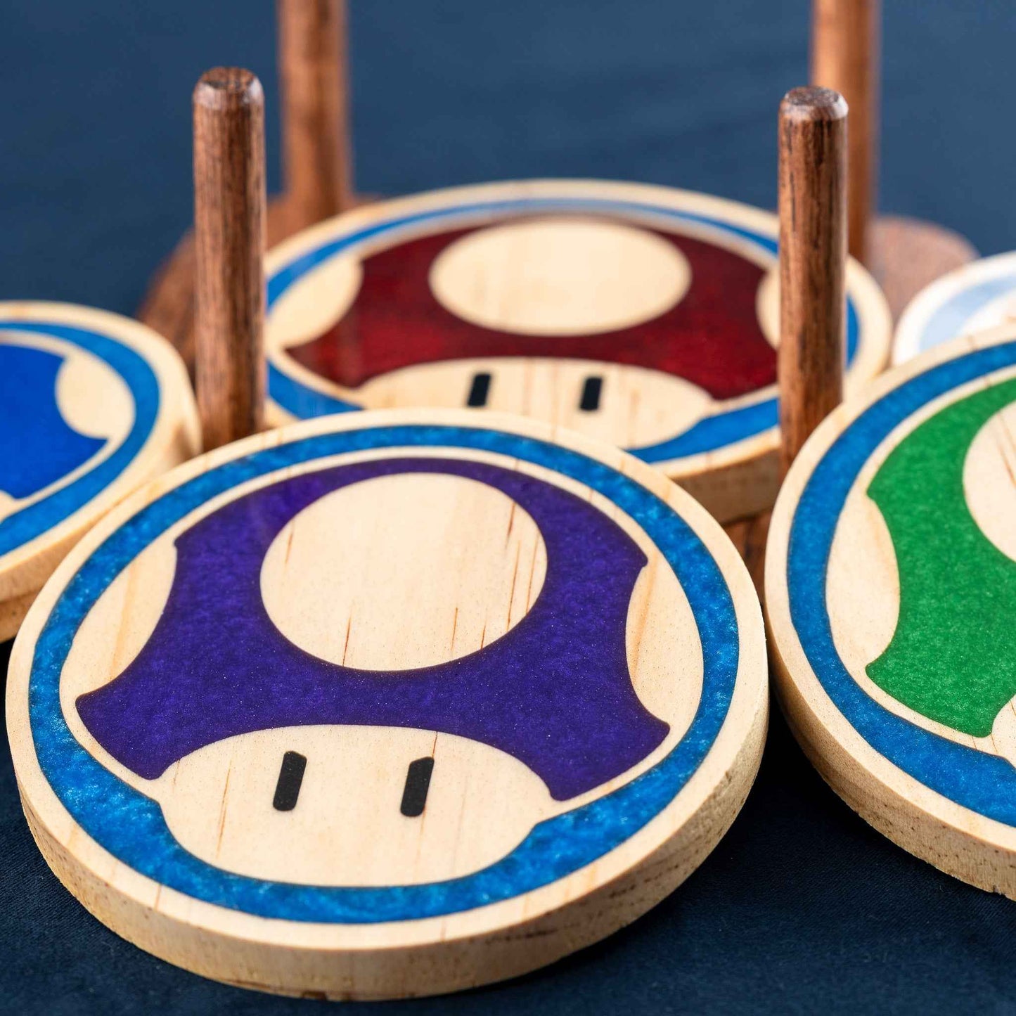 Handmade Carved Wood Mario Mushroom Coasters with Stand: Red, Green, Purple, Gold, and Blue Mushrooms
