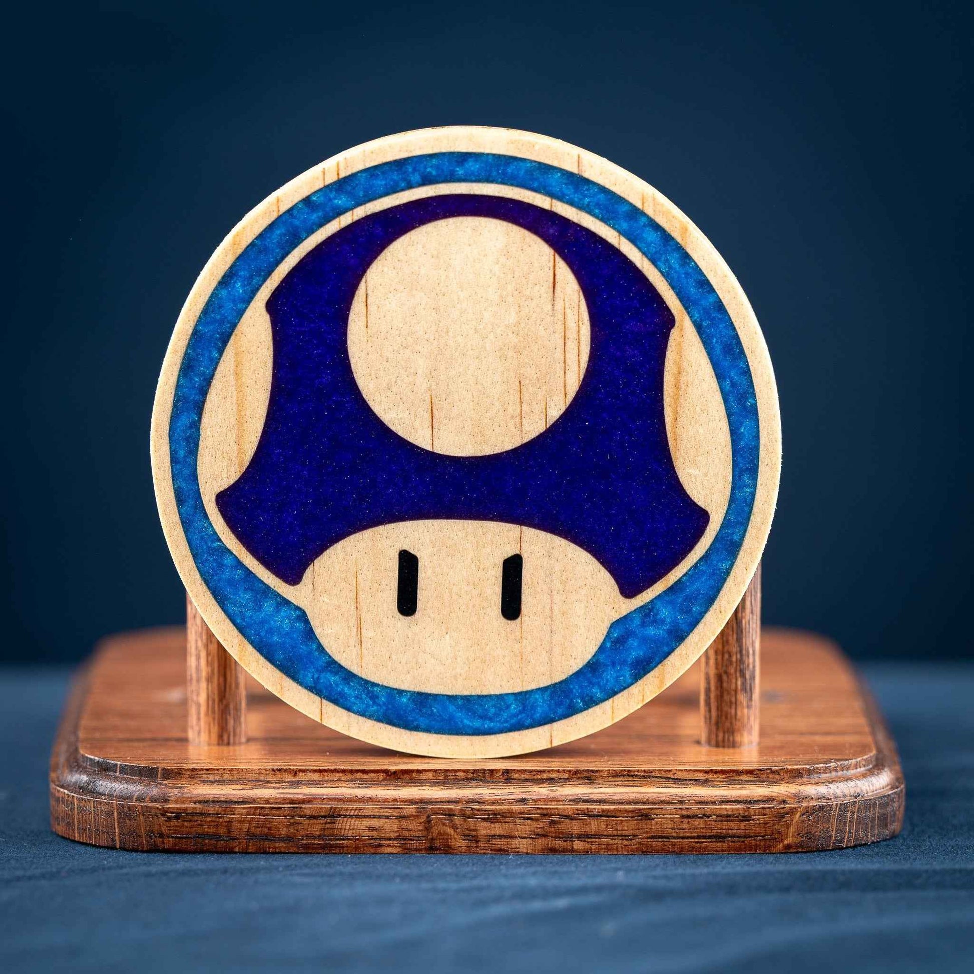 Handmade Carved Wood Mario Mushroom Coasters with Stand: Red, Green, Purple, Gold, and Blue Mushrooms