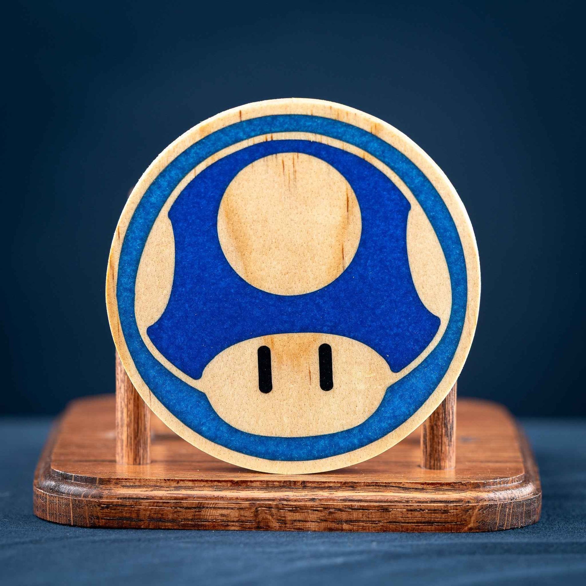 Handmade Carved Wood Mario Mushroom Coasters with Stand: Red, Green, Purple, Gold, and Blue Mushrooms