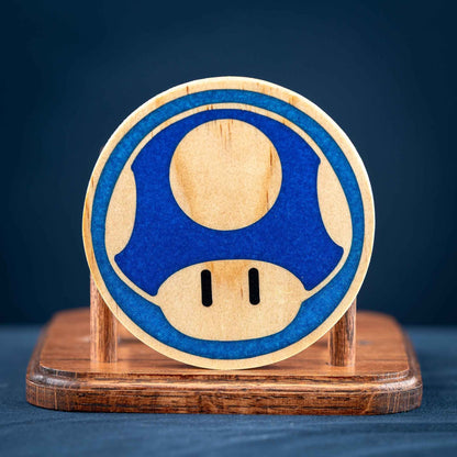 Handmade Carved Wood Mario Mushroom Coasters with Stand: Red, Green, Purple, Gold, and Blue Mushrooms