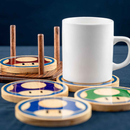 Handmade Carved Wood Mario Mushroom Coasters with Stand: Red, Green, Purple, Gold, and Blue Mushrooms