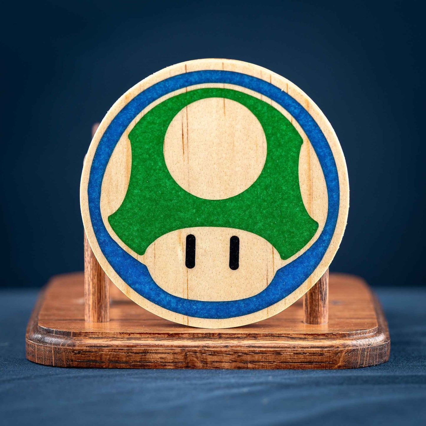 Handmade Carved Wood Mario Mushroom Coasters with Stand: Red, Green, Purple, Gold, and Blue Mushrooms