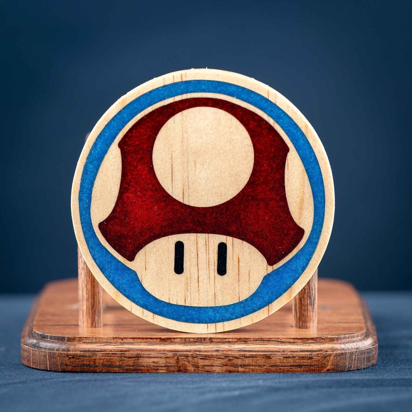 Handmade Carved Wood Mario Mushroom Coasters with Stand: Red, Green, Purple, Gold, and Blue Mushrooms