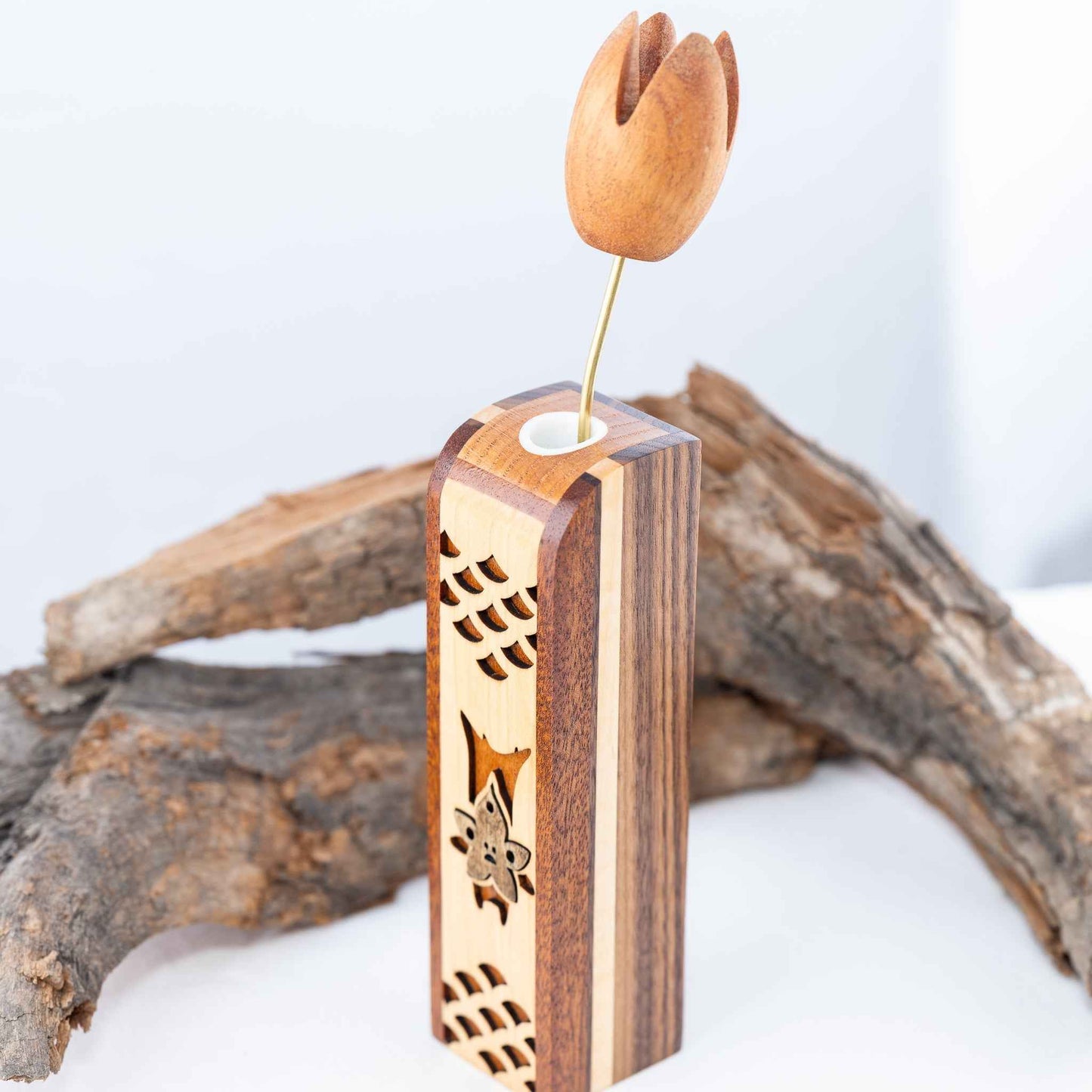 Handmade Wood Zelda Korok Bud Vase with Handmade Wooden Flower