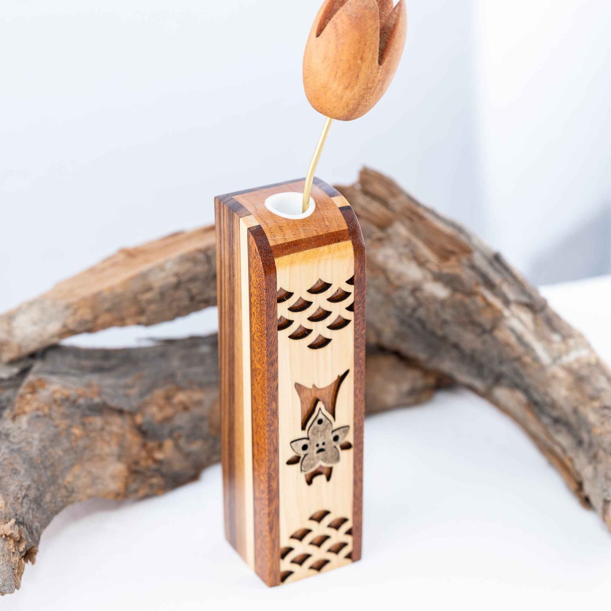 Handmade Wood Zelda Korok Bud Vase with Handmade Wooden Flower