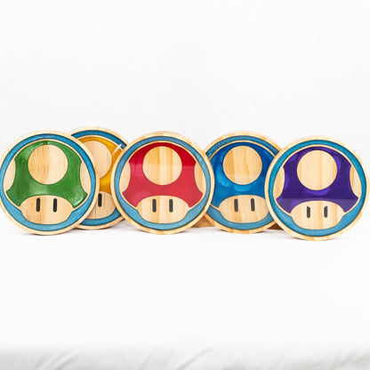 Handmade wood and purple, red, green, gold, and blue resin Mario mushroom drink coasters