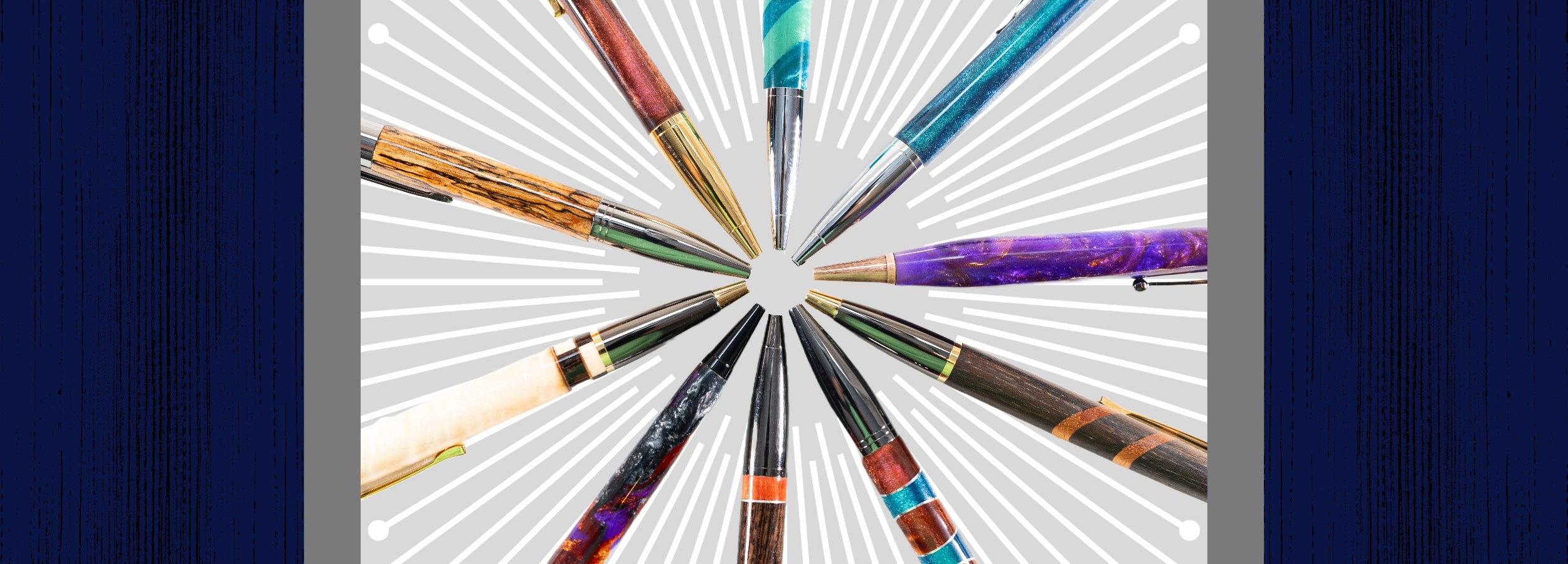 A circle of handmade wood and resin click and twist ballpoint pens