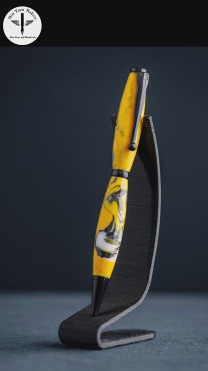 Yellow, Black, White, and Gray Resin Swirl Twist Pen: Black Chrome Plating