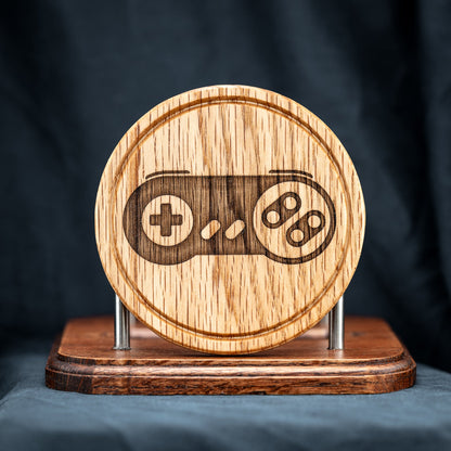 Retro Game Controller Red Oak Wood Coasters with Stand