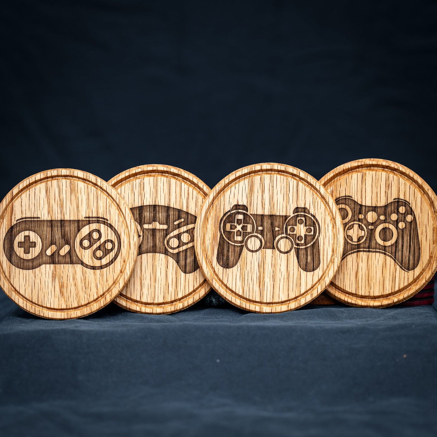 Retro Game Controller Red Oak Wood Coasters with Stand