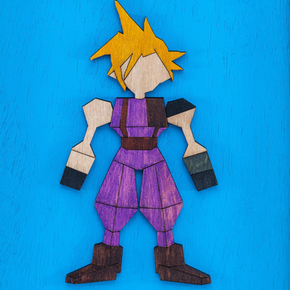 Handmade wooden Cloud Strife from the Final Fantasy VII video games in a Poplar wood frame.