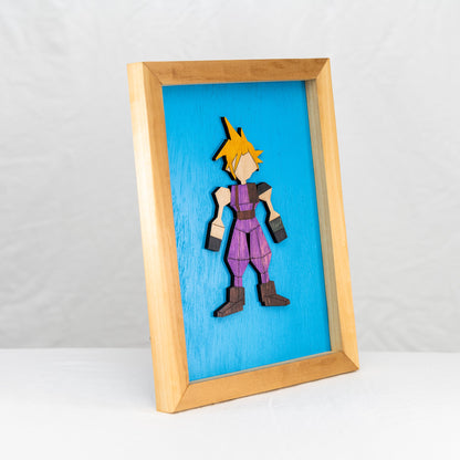 Handmade wooden Cloud Strife from the Final Fantasy VII video games in a Poplar wood frame.