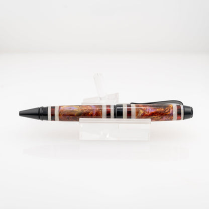 Handmade red, purple, gold, white segmented twist pen with black chrome plating