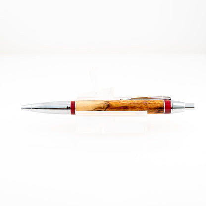 Handmade olivewood click pen with ruby red resin segments and polished aluminum bands in chrome plating