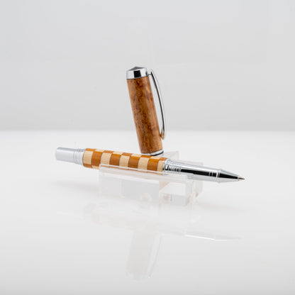 Handemade Birdseye maple cap, African mahogany and maple checkered pattern body postable roller ball pen