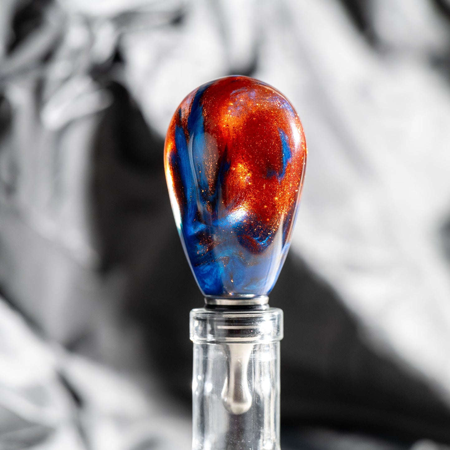 Handmade heavy blue and copper resin and stainless steel bottle stopper