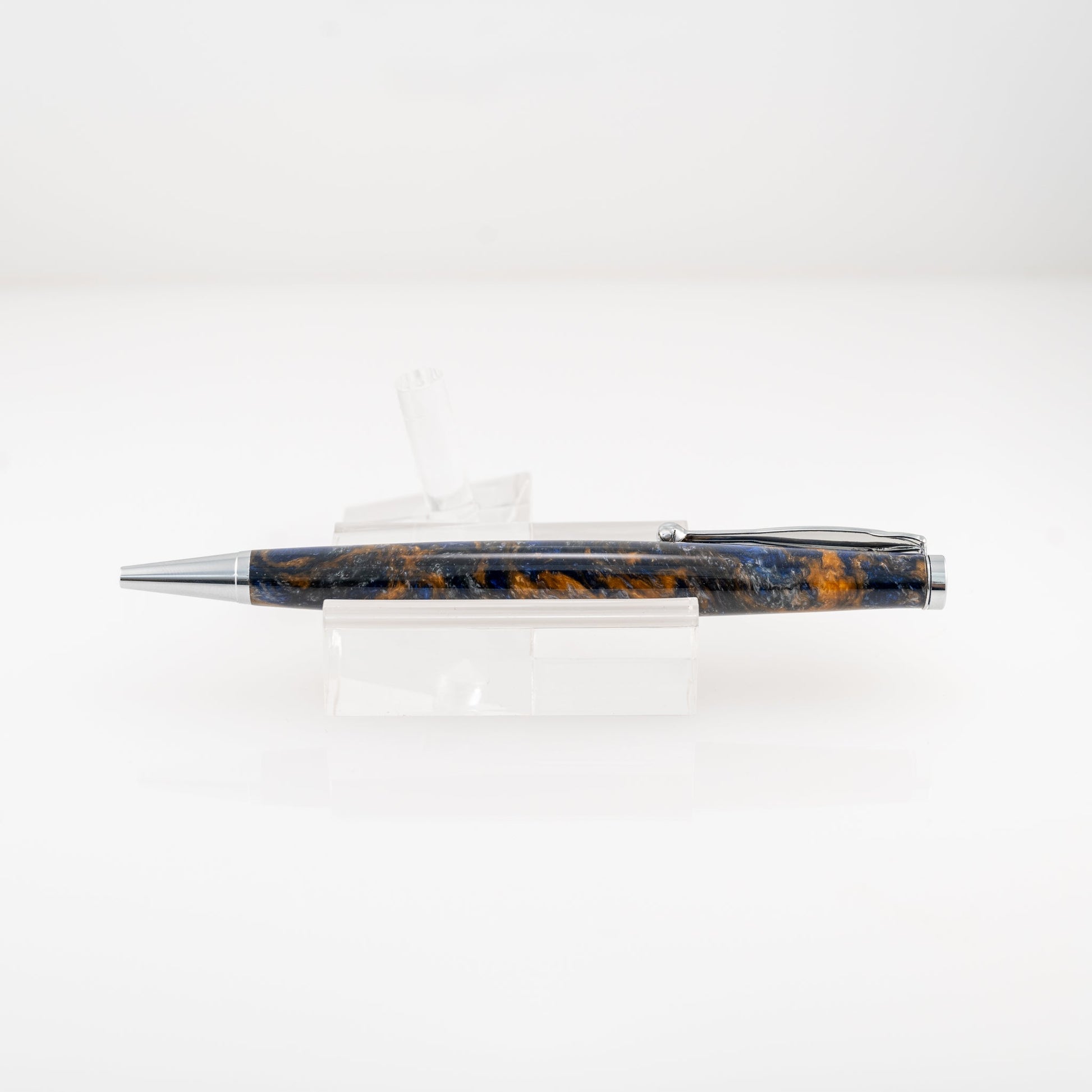 Handmade blue, orange and silver swirled resin ballpoint twist pen in chrome plating