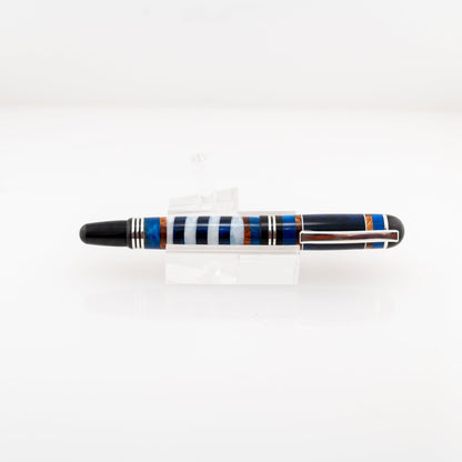 Handmade blue, white, bronze and dark blue resin highly polished with an Iridium plated fountain pen
