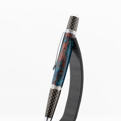 Handmade dark blue, turquoise and red shimmer twist rollerball pen with chrome and carbon fiber plating