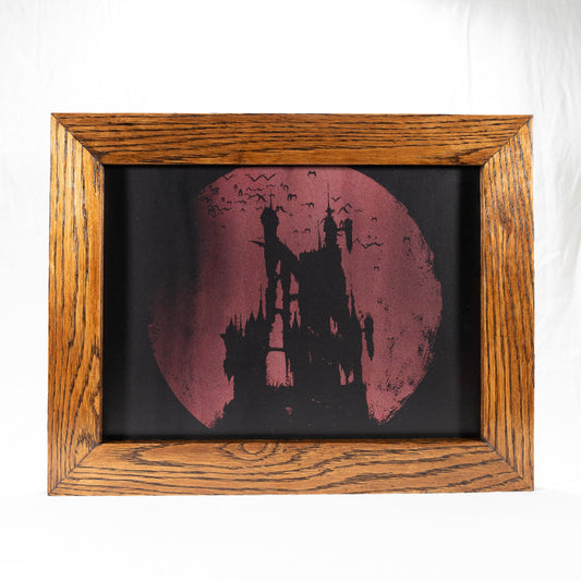 Handmade Red Oak and Cherry wood with acrylic paint picture frame of Dracula's Castlevania castle
