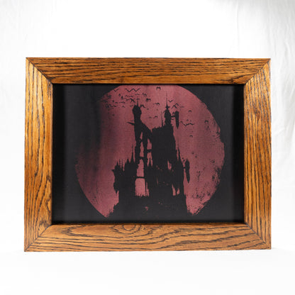 Handmade Red Oak and Cherry wood with acrylic paint picture frame of Dracula's Castlevania castle