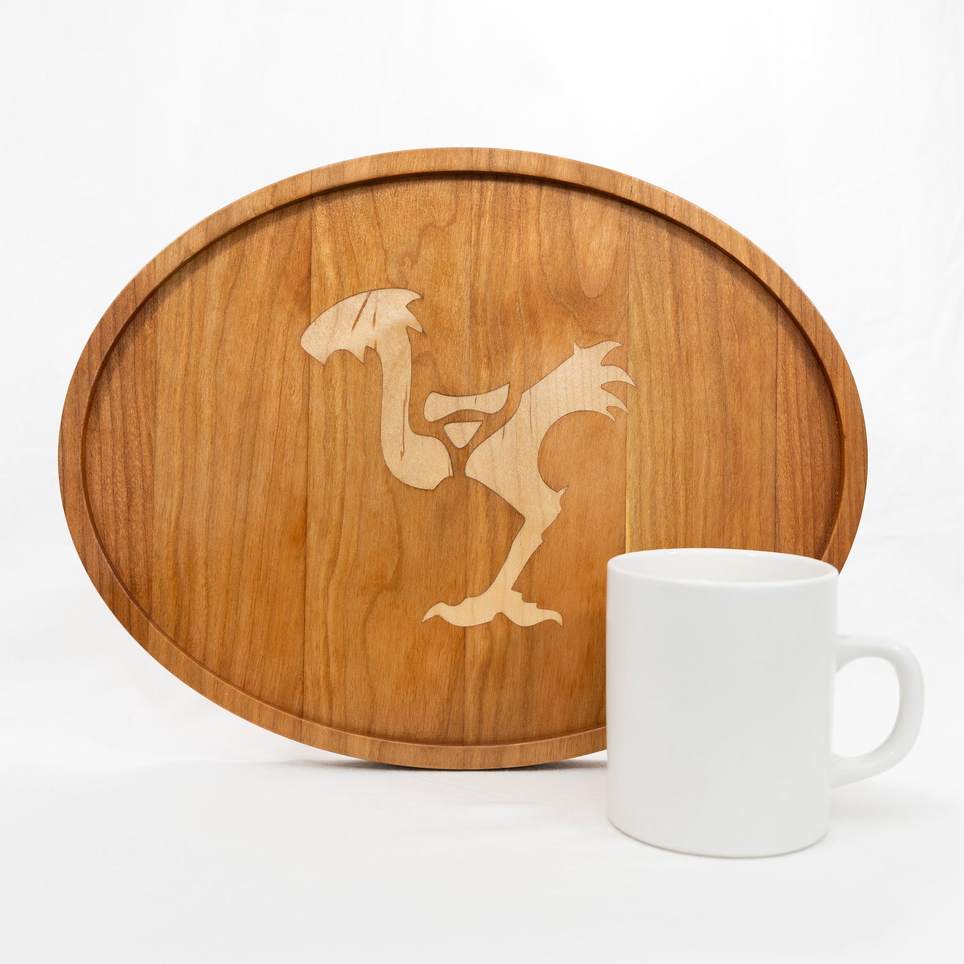 Handmade solid Cherry and inlaid Maple wood platter serving tray with a Final Fantasy Chocobo