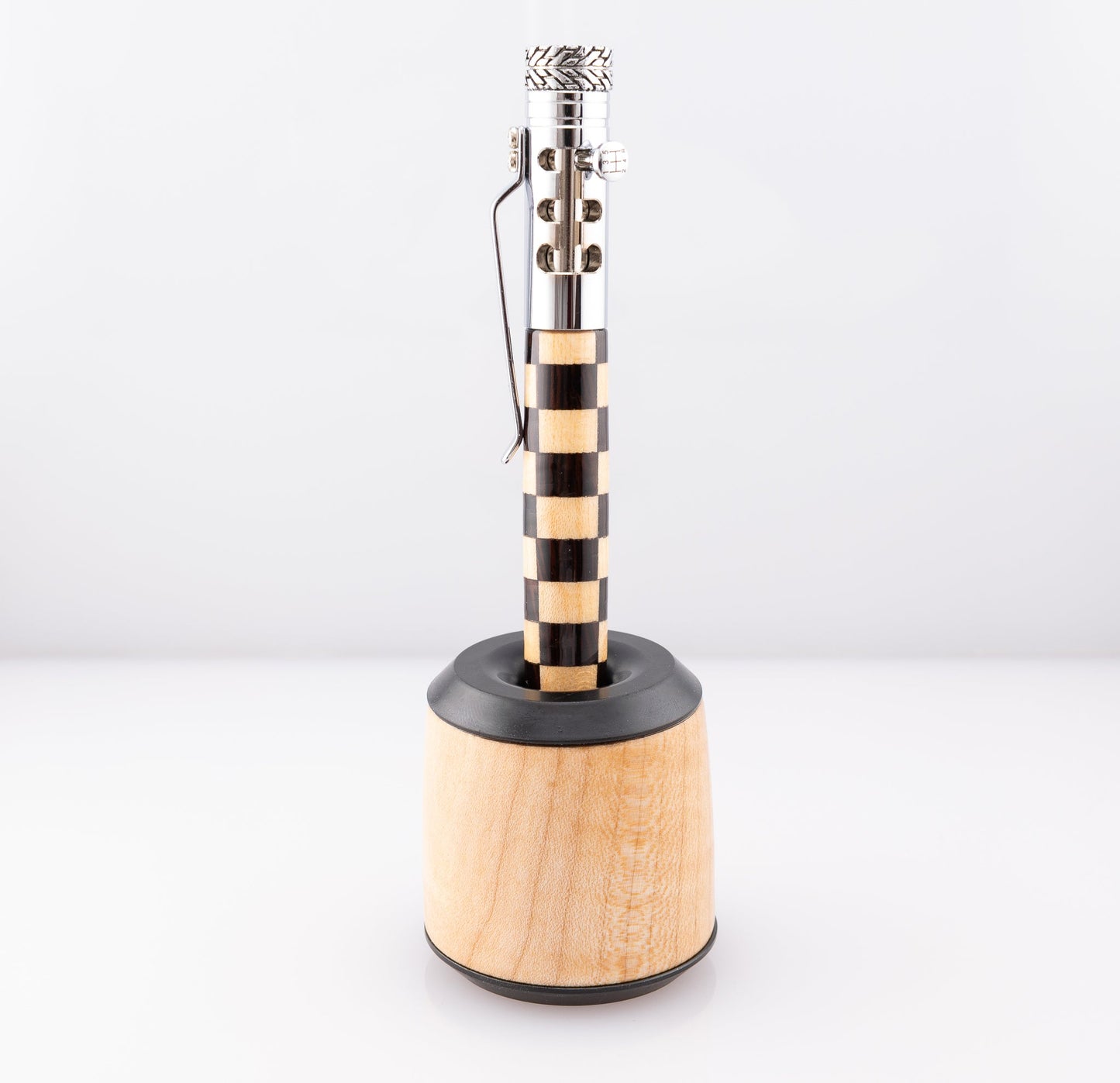 Handmade curly maple pen stand with black enamel metal plating