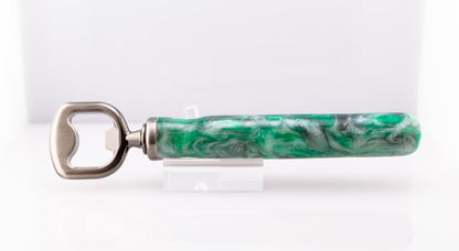 Handmade stainless steel bottle opener in green, silver white and black resin swirl pattern